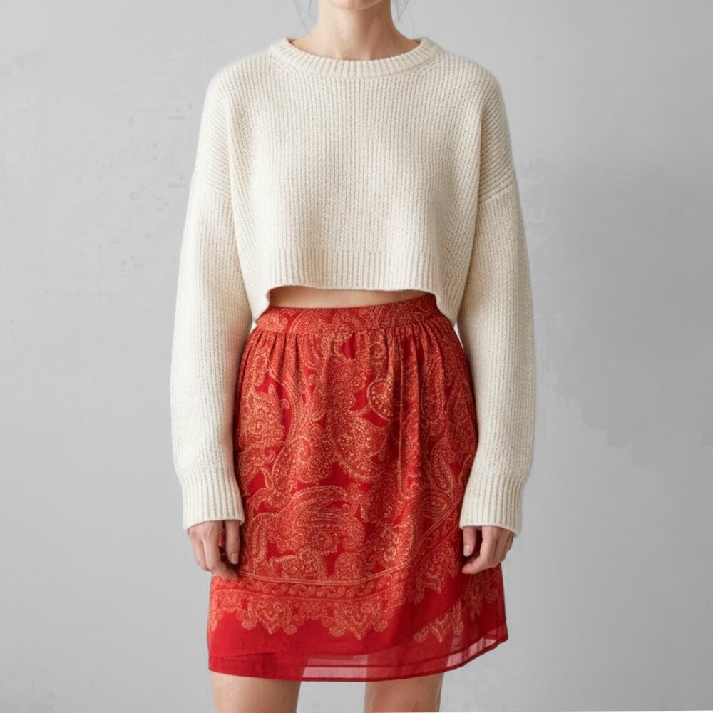 Vintage Y2K 100% Silk Wrap Skirt 16 Paisley Orange Boho Festival Beach Cover-Up